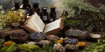 Stół z ziołami i flakonami i książką